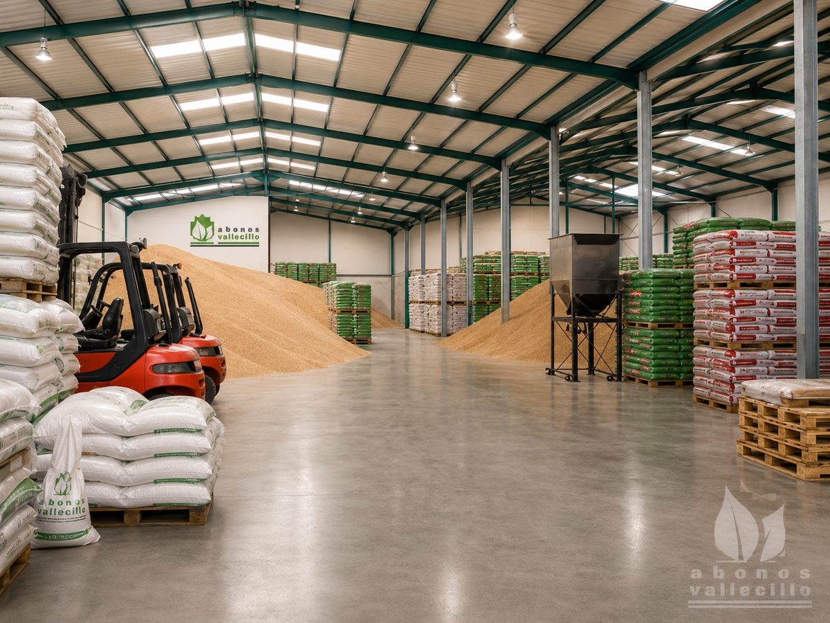 Interior do armazém da Abonos y Cereales Vallecillo com produto e grão